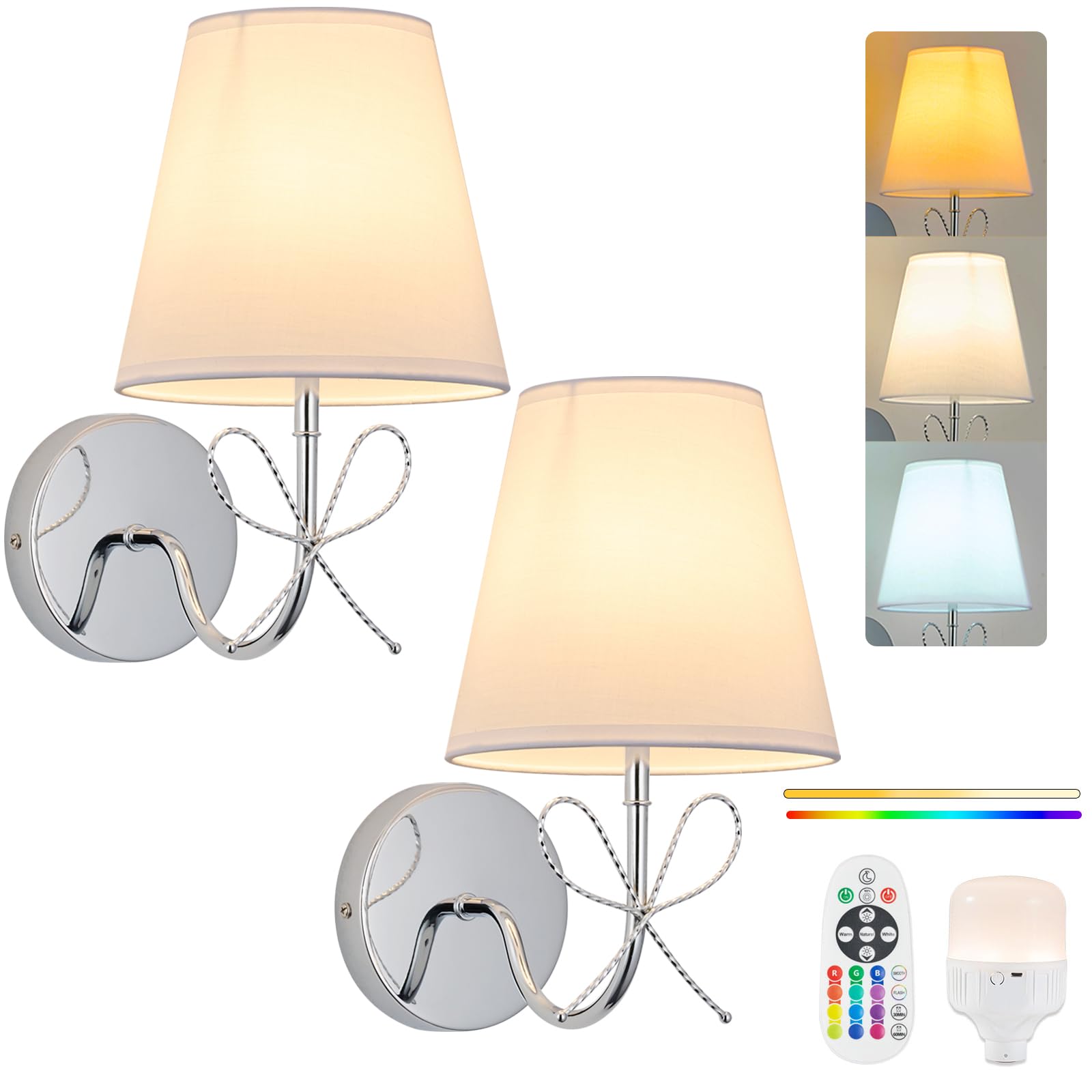PASSICA DECOR Bow Wireless Battery Operated Wall Lights Set of 2 ，Rechargeable Chrome Wall Sconces Indoor with 15 Colors, Timer,Remote Control, Cordless Wall Light for Bedrooms, Living Room (Chrome)