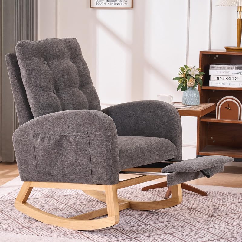 Image of Rocking Chair with Foot Rest, Nursery Rocking Chairs with Rubber Wood Legs, High Back Pocket Modern Upholstered Glider Chair, Comfy Accent Rocker Armchair for Living Room Bedroom,Dark Grey