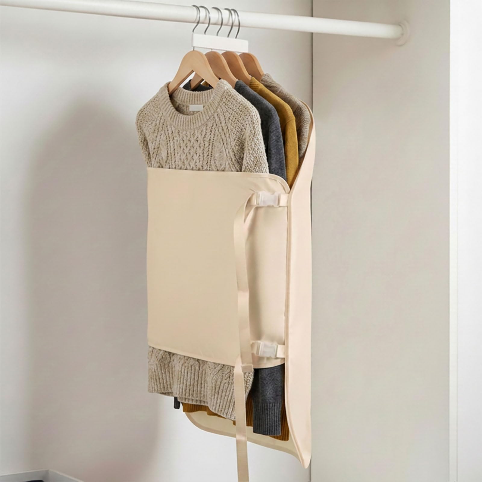PAVSTINE Hanging Wardrobe Organiser with Compression, Space Saving, Beige