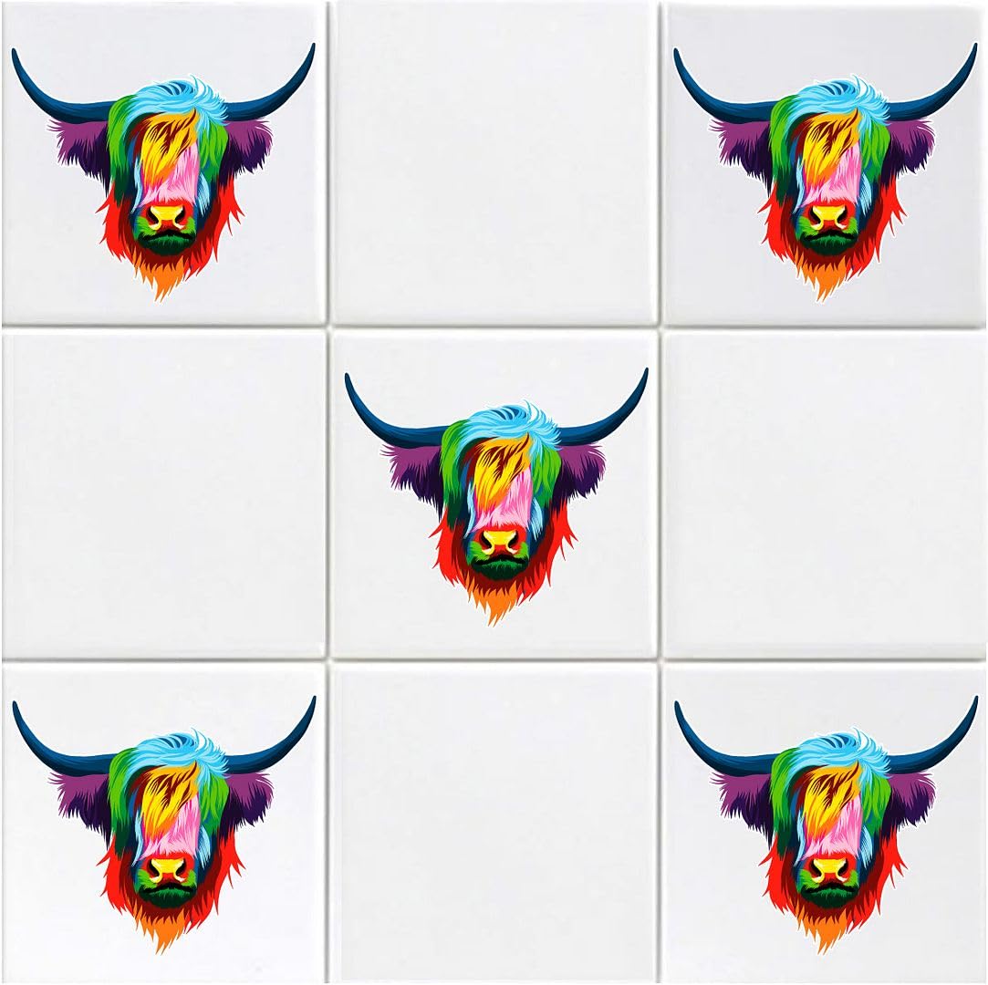 Hodge Creations Multicolor Highland Cow Pack Of 15 Vinyl Tile Stickers Kitchen Bathroom Washroom Utility Room
