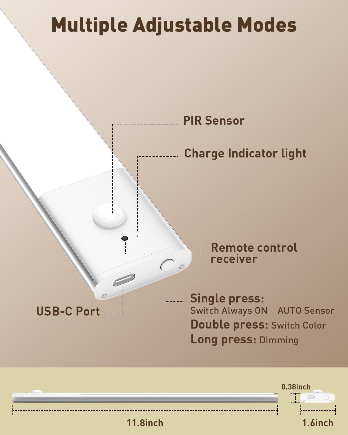 Under Cabinet Lighting Wireless Motion Sensor Light Indoor, 12" Rechargeable Kitchen Bar Lights, 300LM Ultra-Bright Cabinet Lights with Remote, 2500mAH, USB-C, 3 Colors, 3 Pack​s