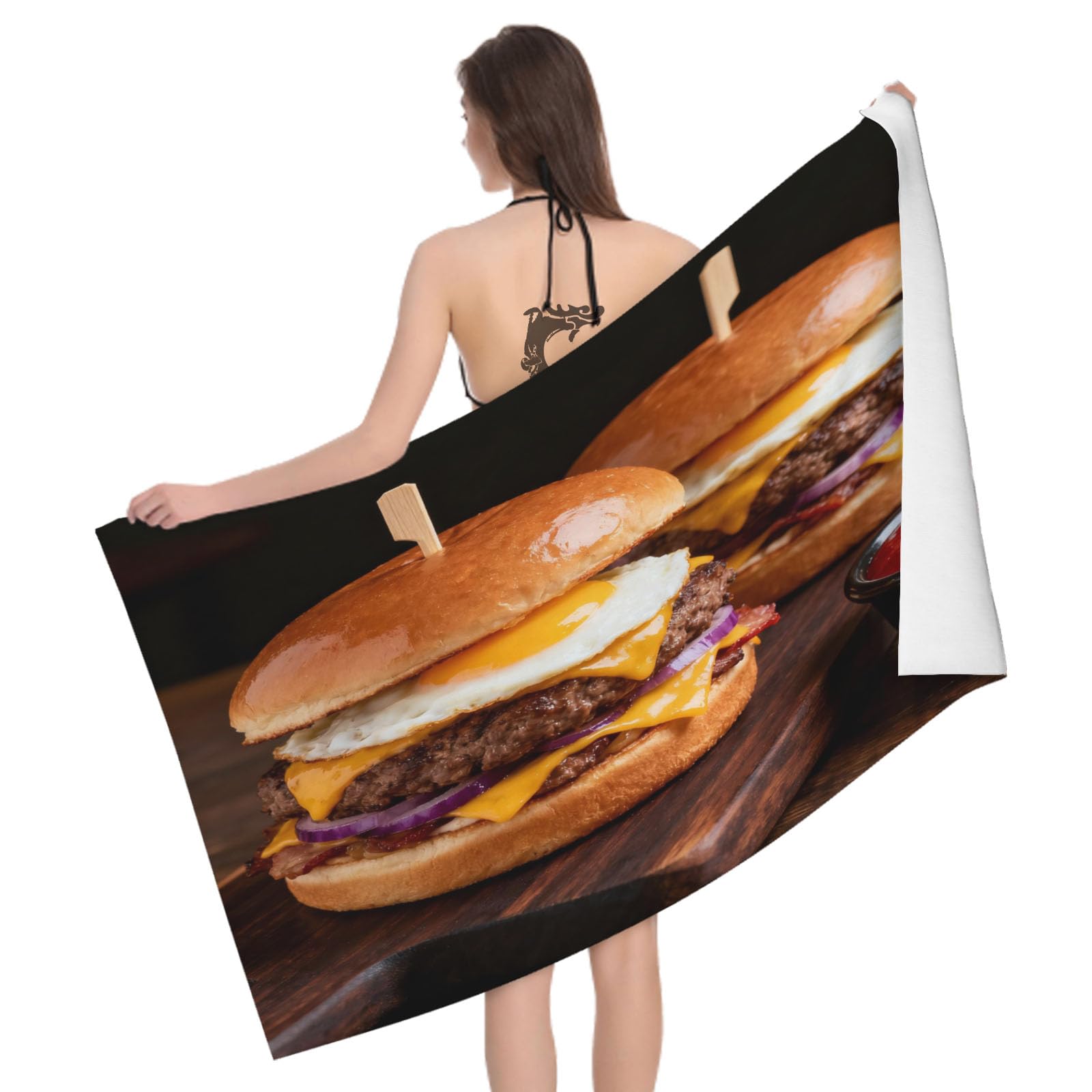 Leichong 3D Hamburger Beach Towel Large Microfiber Soft Quick Dry for Adults, Food Bath Towel Lightweight Soft Absorbent for Travel Swimming Pool Sports, 180 x 90 cm