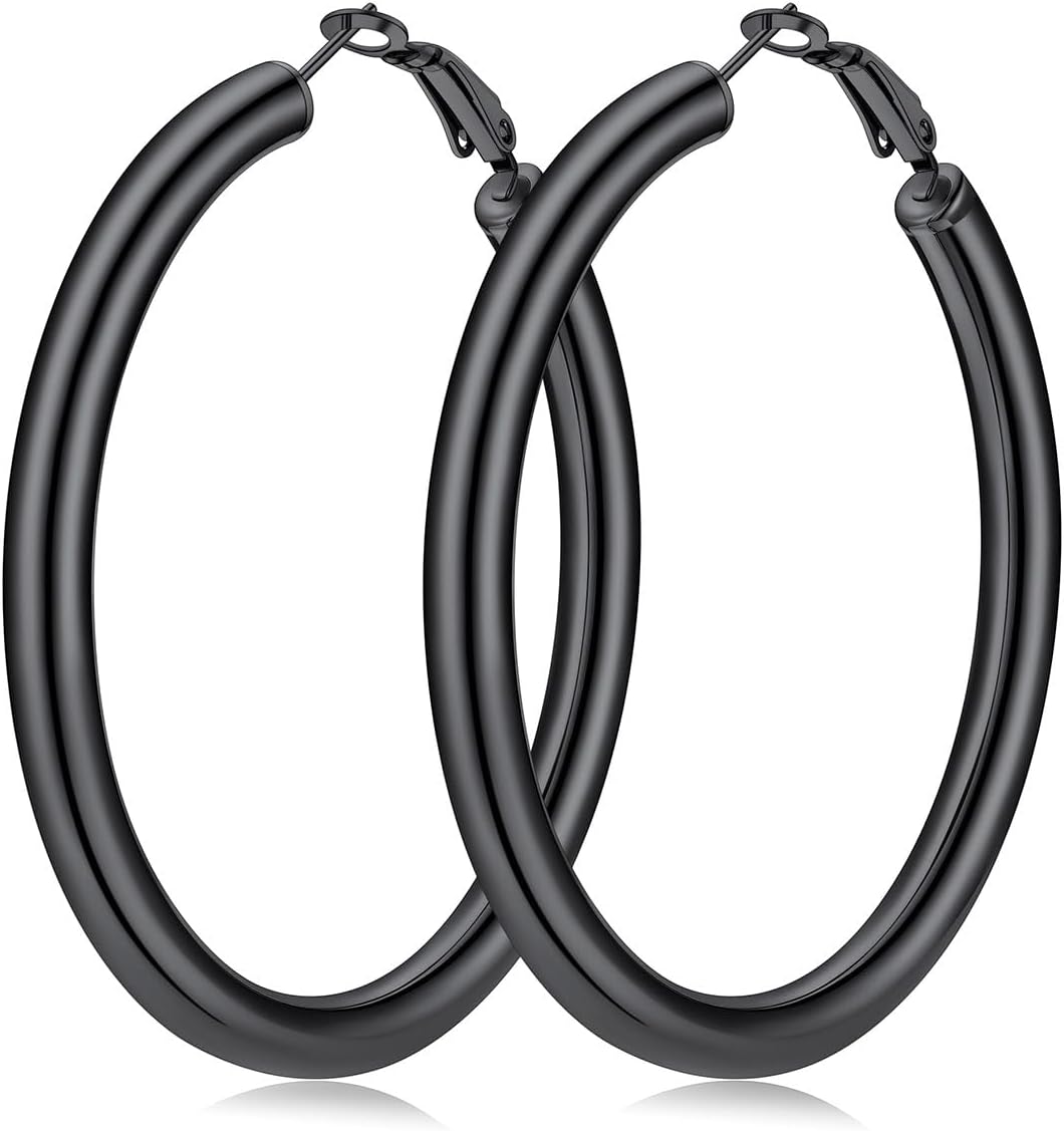 FaithHeart Chunky Hoop Earrings for Women, Silver/Black/14K Gold Plated Stainless Steel Earrings 5mm Thick Hollow Tube Hoops Hypoallergenic Lightweight Earring 20/30/40/50/60/70/80mm