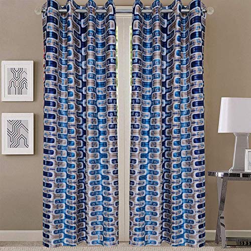 Image of Exporthub 2 Pieces Fancy Design Blue Box Polyester Eyelet Window Curtains - Length 5 Feet, (EHSPR713 54)