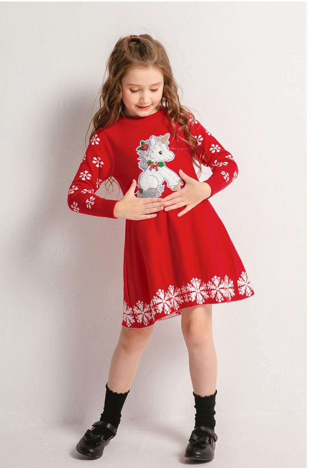 SMILING PINKER Vestidos de niña de manga larga de Navidad para niños de punto casual ciervo para vestido columpio otoño invierno