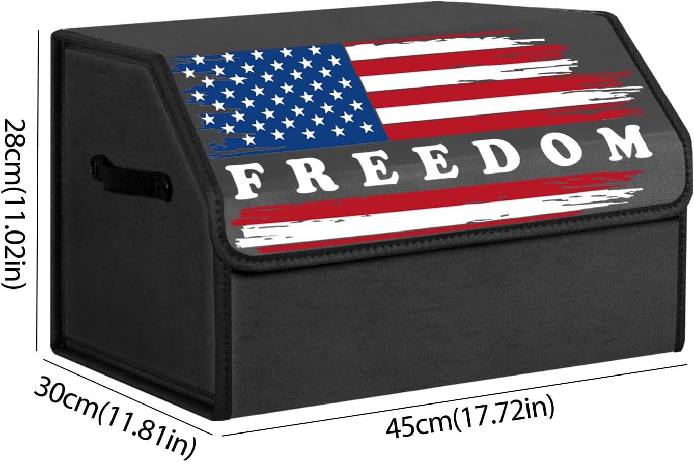 Collapsible Car Trunk Organizer with Lid, FREEDOM Print Waterproof PU Leather Cargo Storage Bin, Portable Auto Interior Storage Box with Handle for SUV Truck Vehicle