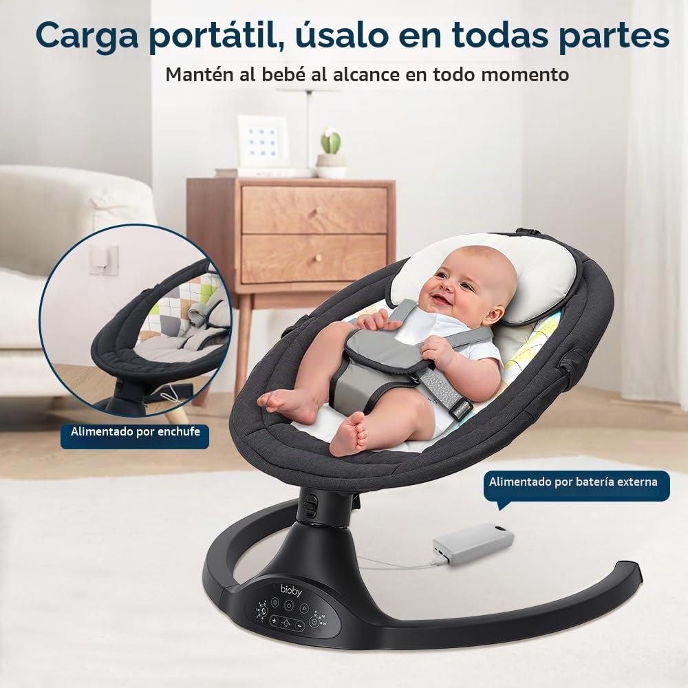Bioby Hamaca Bebe Electrica, Mecedora Bebe con Arnés de 5 Puntos, 5 Amplitudes de Balanceo, con Bluetooth, Mando a Distancia, Columpio Bebe Balancin Ligero para Bebés de 2 a 9 kg, 0-10 Meses (Negro)