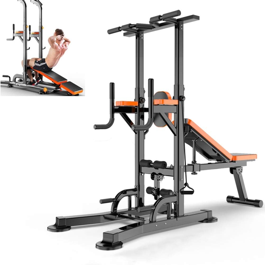 VEVC Power Tower Pull Push Dip Vertical Knee Raise Station Rack Height Adjustable with Weight Bench Sit Up AB Abdominal Board Chin-up Bar for Home Gym Strength Training Fitness Equipment