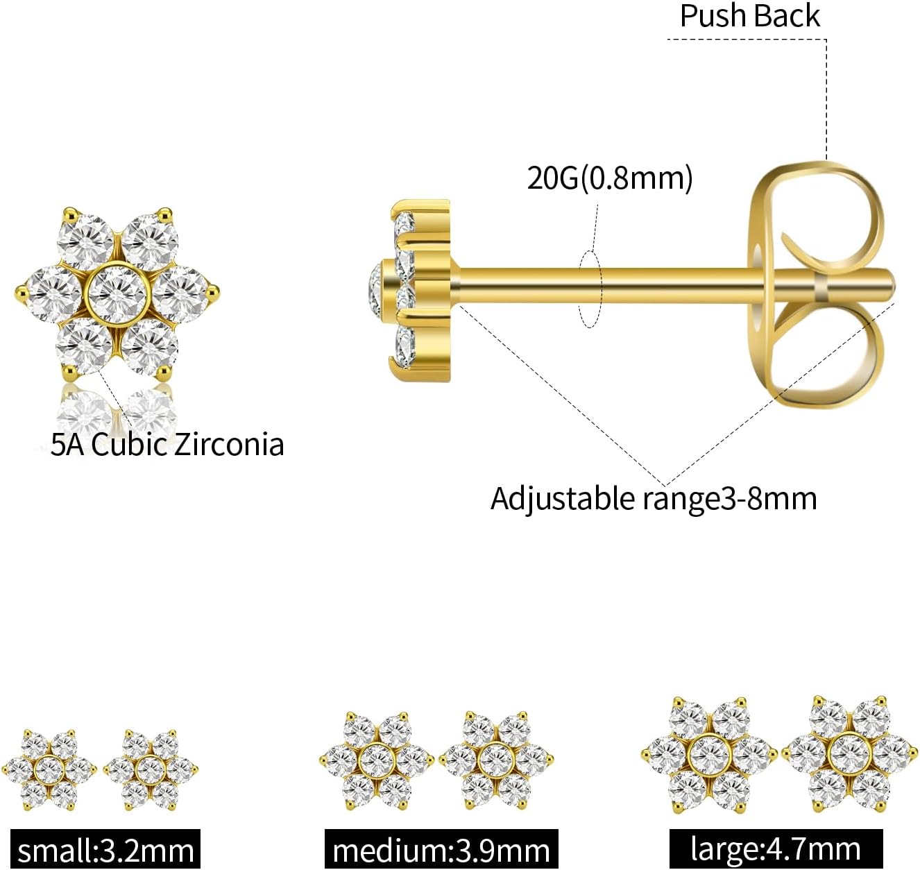 XUU Titanium Stud Earrings for Women, Minimalist Cubic Zirconia stud, Dainty Halo Earrings, Hypoallergenic Piercing Jewelry, Gold & Silver (Pair) - Image 2