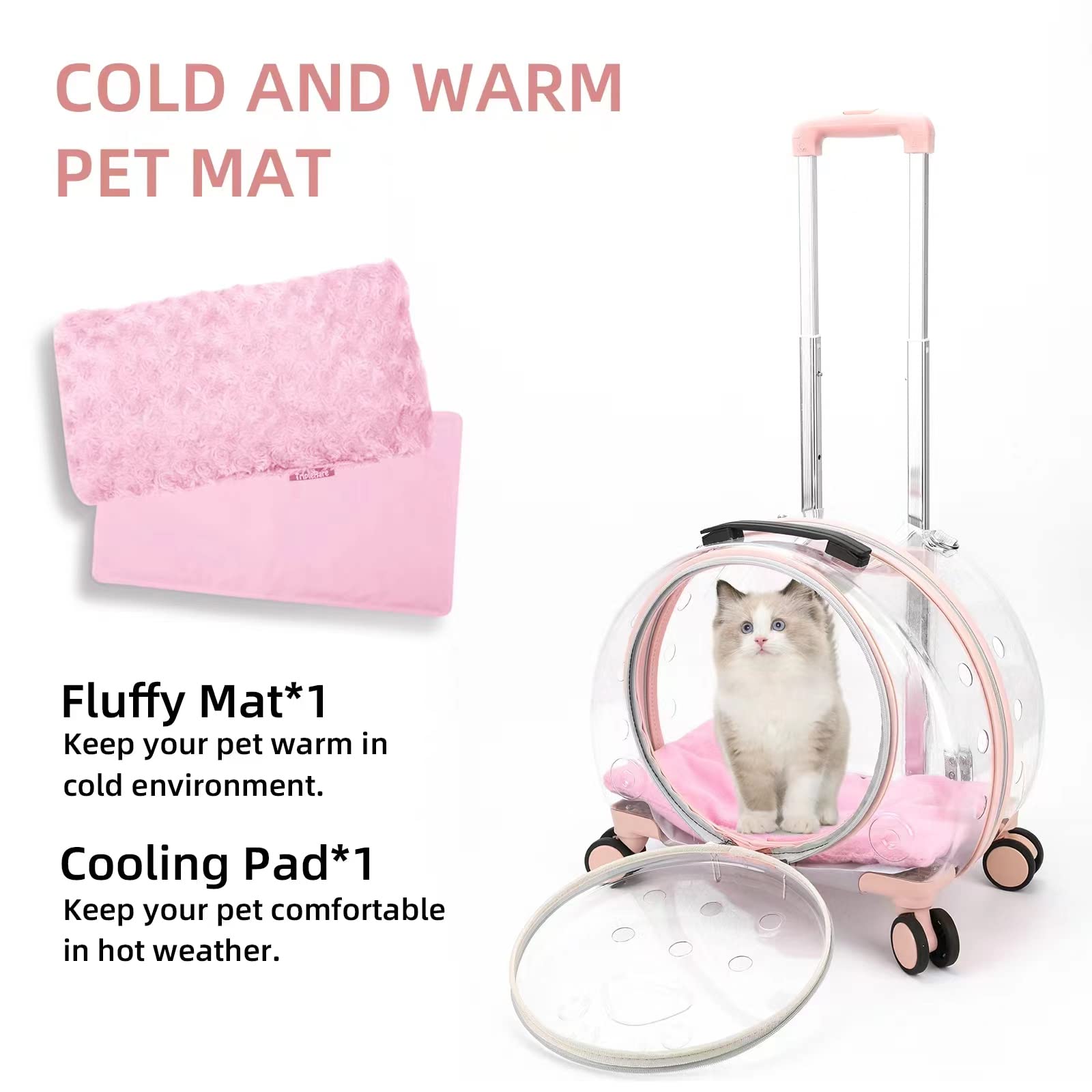 Transportín transparente y totalmente transpirable para gatos con ruedas giratorias para perros, gatos o conejos, más opciones de transporte, perfecto para viajar/hacer un paseo (rosa)