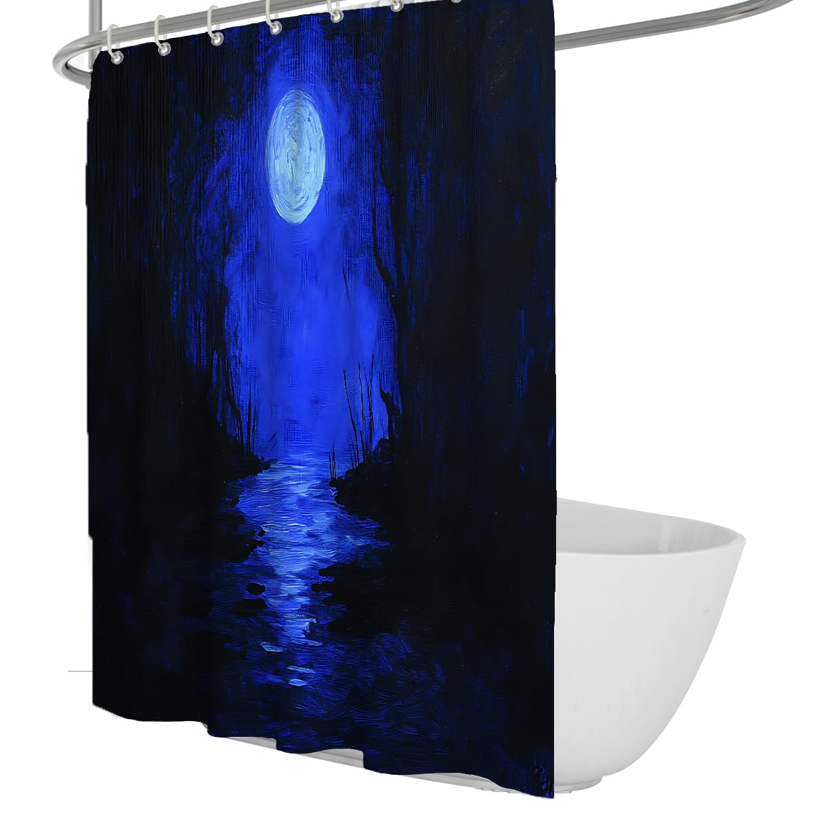 OLLIAR Home Full Moon Shower Curtain Fantasy Ocean Night Sky Horror Weird Dark Blue Bathroom Curtain Waterproof Washable Fabric Bathroom Decor Set 180x200