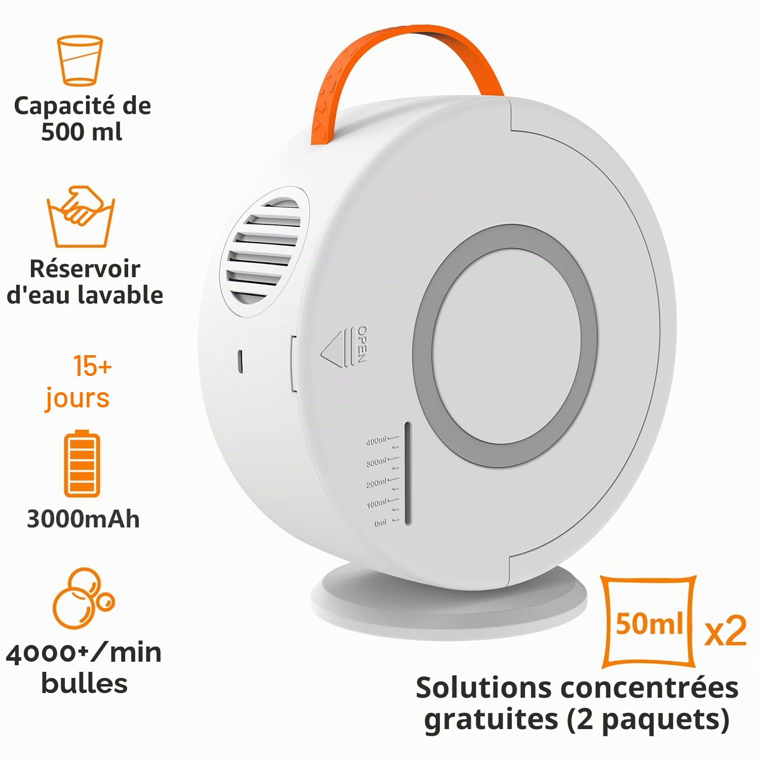 Machine à Bulles, Jouet a Bulles Automatique Rechargeable Soufflante, Rotatif 90°/360°, 500ml Souffleur à Bulles pour Enfants 3 4 5 6 Ans, Jeux De Jardin, Idée Cadeau Garcon Fille (Blanc+Orange)