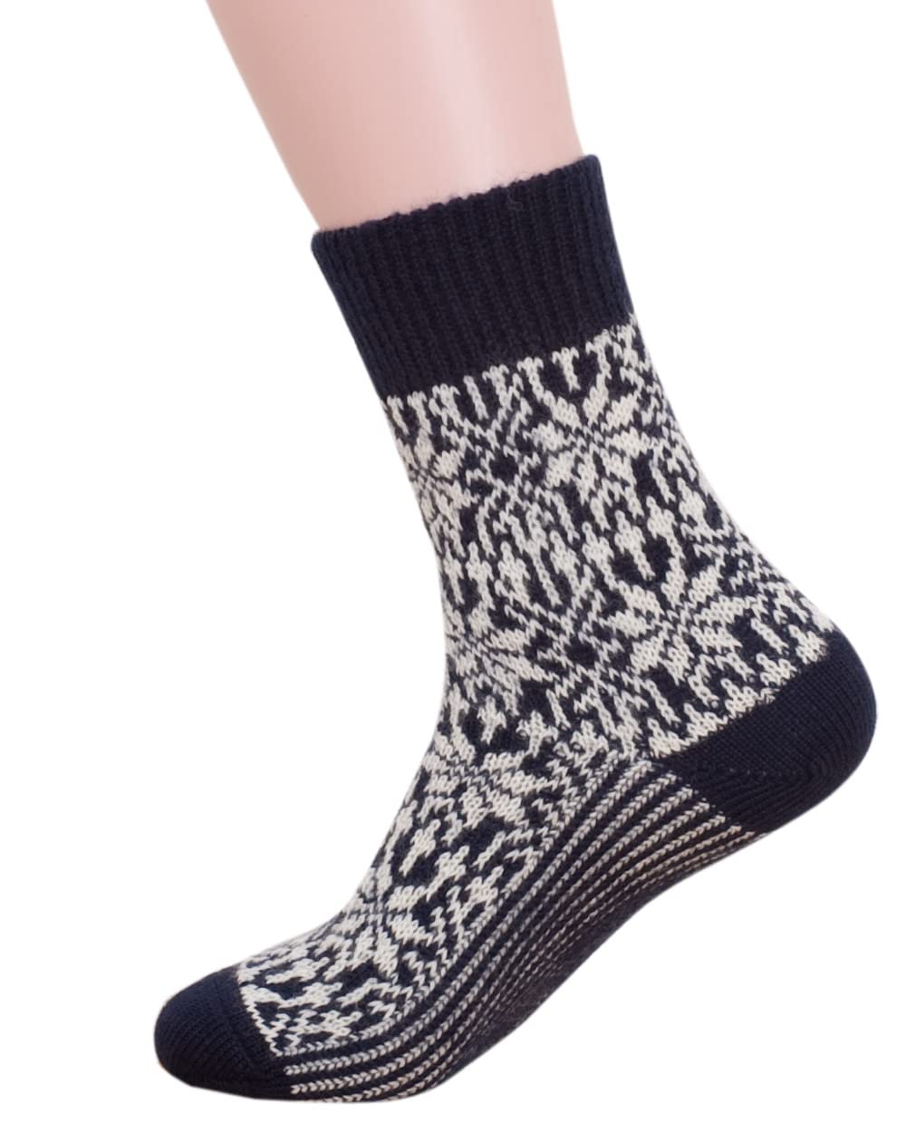 Hirsch Natur Women's Blue/Natural Merino Socks Snowstar, 100% Wool (Organic)