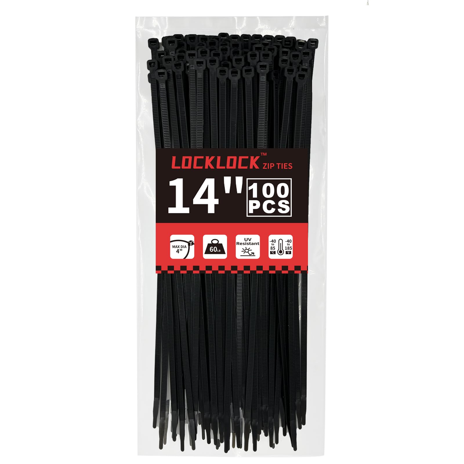 Zip Ties 14 inch(100 Pack), 60 lb, Black Heavy Duty Wire Ties, UV Resistant Cable Ties for Indoor and Outdoor Use, LOCKLOCK