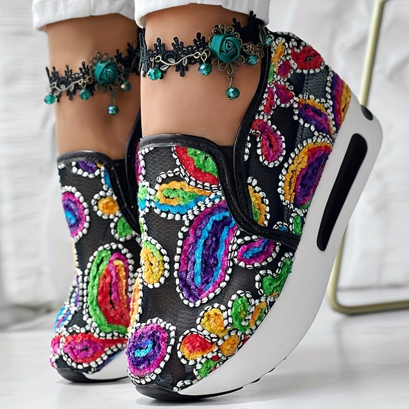 Colorful Flower Embroidered Wedge Sneakers, Women's Slip On Platform Mesh Shoes, Breathable Daily Footwear2