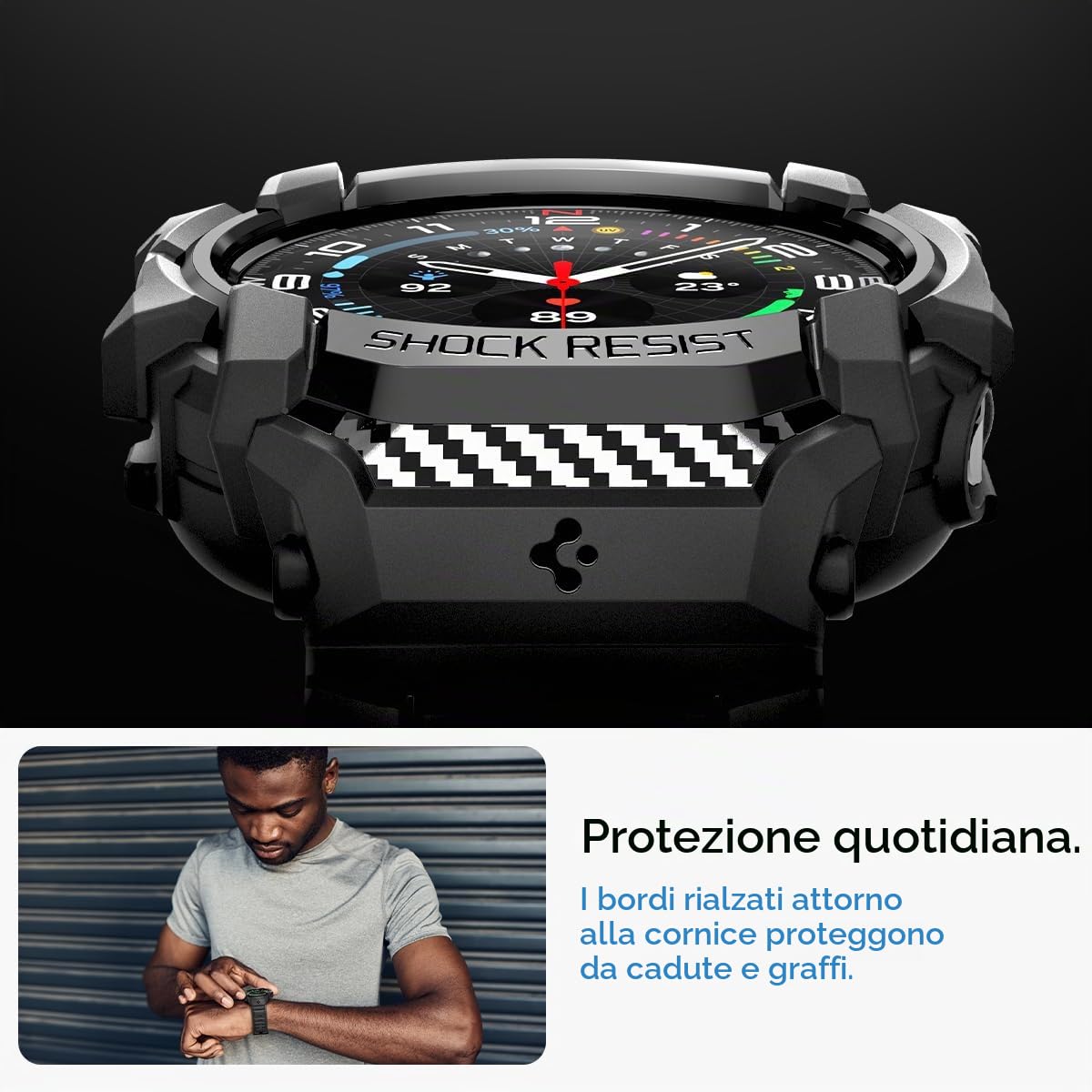 Spigen Cover Rugged Armor Pro con cinturino per Galaxy Watch Ultra 47mm | Custodia unibody in TPU con cinturino, dettagli in fibra di carbonio, bordi rialzati, Modelli 2025/24 - Nero opaco