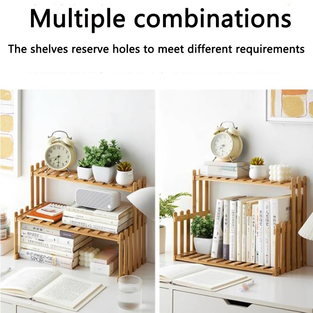 NILZA Organizer Scrivania bambù Scaffale da Scrivania, Desktop Organizer 2 Livelli Libreria da Scrivania, Scaffale per Libri Organizer da Tavolo, Libreria DIY (Size : 35.5cm(14"))
