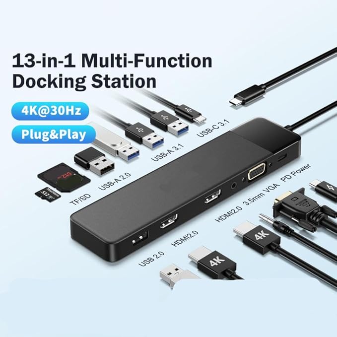 Hub USB C 13 en 1 Docking Station 4K30Hz HDMI USB3.0 PD100W RJ45 VGA miniatura 4