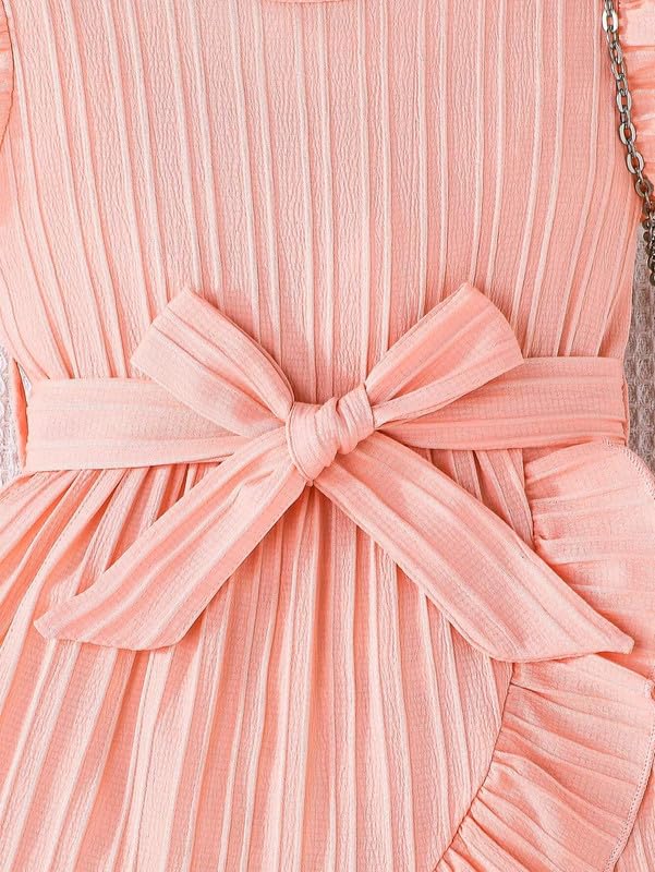 Image of Niren Enterprise Girls' Frill Pleated Design, Ruffle Sleeves, Bow Waist, Elegant Summer & Birthday Party Dress