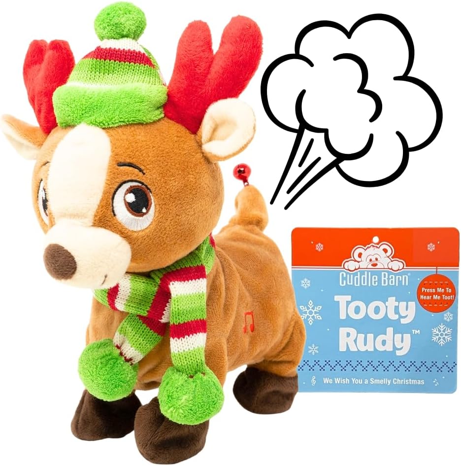 Cuddle Barn | Tooty Rudy - Farting Reindeer Toy | Christmas Plush Walks, Shakes Tail, Makes Fart Noises - Sings We Wish You a Smelly Christmas | White Elephant Gift for Adults, Teens, Kids - 10 Inches