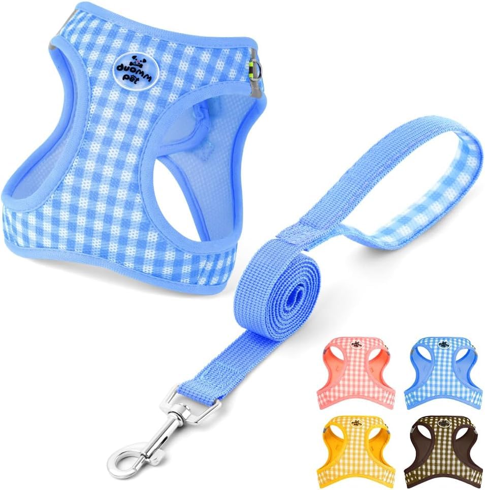 Gingham Checkered Dog Harness & Lead Set, Breathable Soft Mesh Reflective Escape Proof No Pull Step In Adjustable Harness for Small Dogs Puppies Cats Outdoor Walking Training Blue