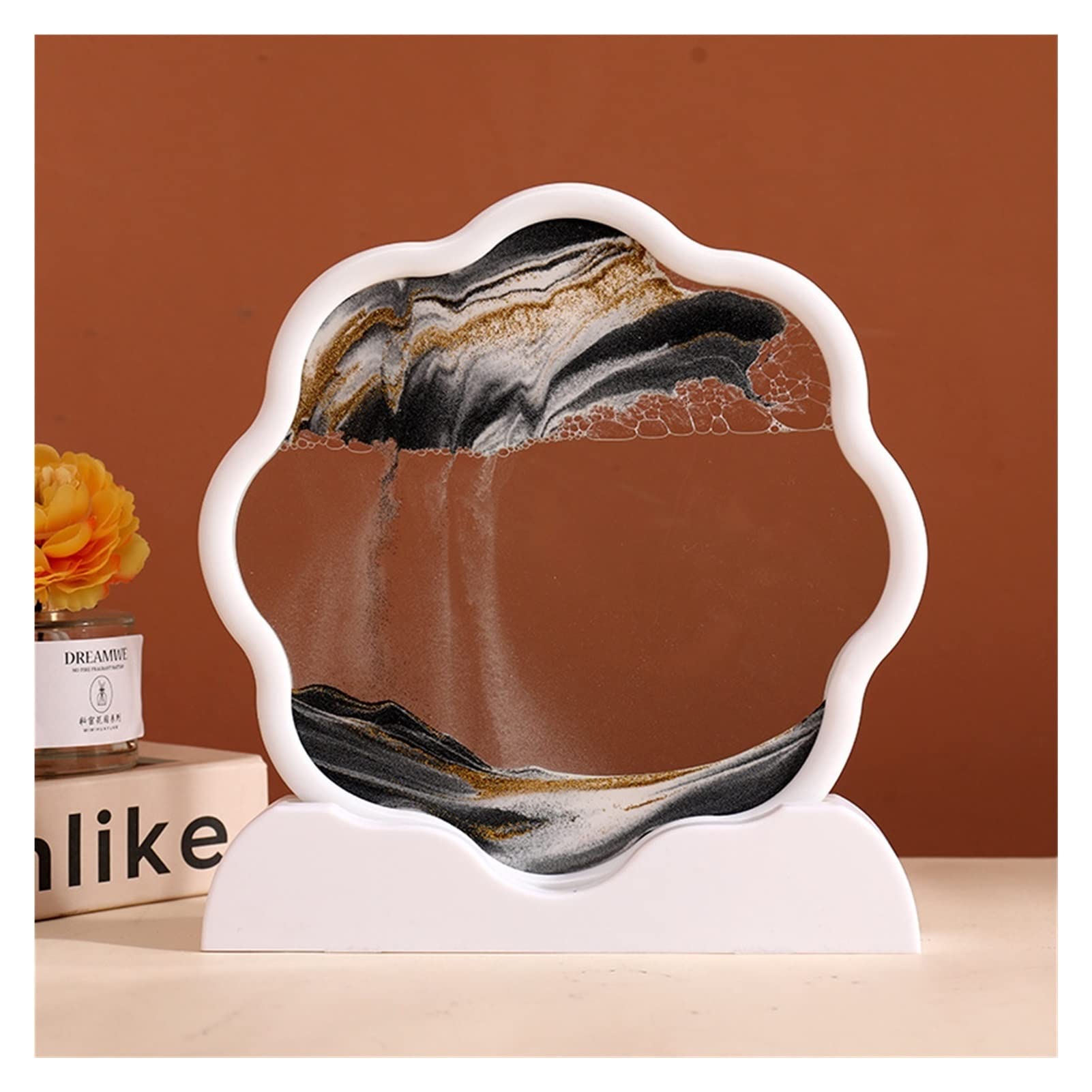 Meiiron Moving Sand Art Picture, Sandscapes 3D Deep Sea Display in Motion Dynamic Flowing Grit Photo Hourglass Desktop Art Sensory Relaxing Desktop Decor Party Gift (Color : White Frame-Black)