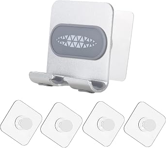1 PCS Phone Holder with 4 PCS Adhesive Wall Stickers for Smooth Surfaces, Adjustable Cellphone Stand with Adhesive Pads for Bathroom Kitchen, Universal Compatibility with Smartphones