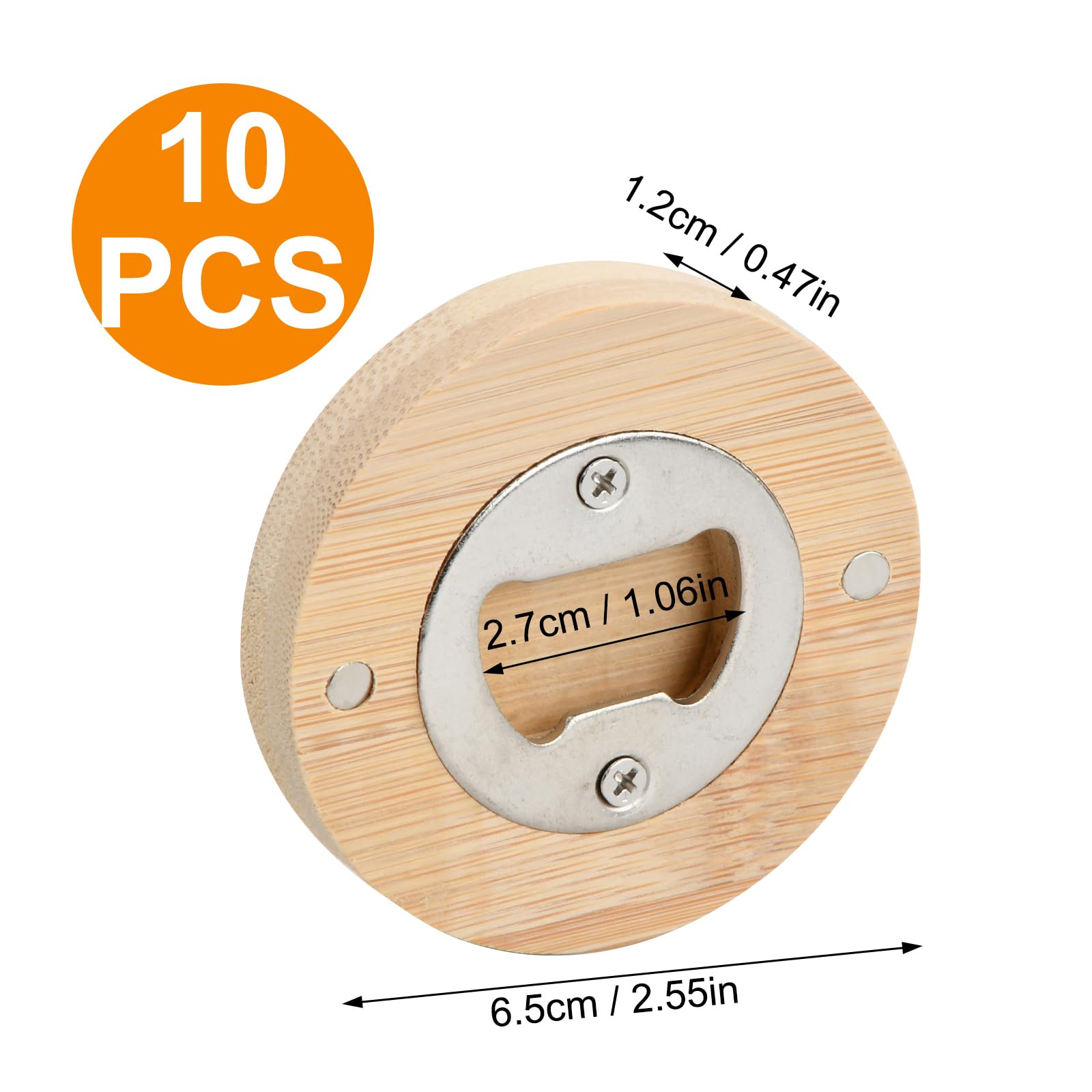 Zestaw 10 okrągłych drewnianych otwieraczy do butelek piwa, stal nierdzewna, magnetyczny, średnica 6,5 cm