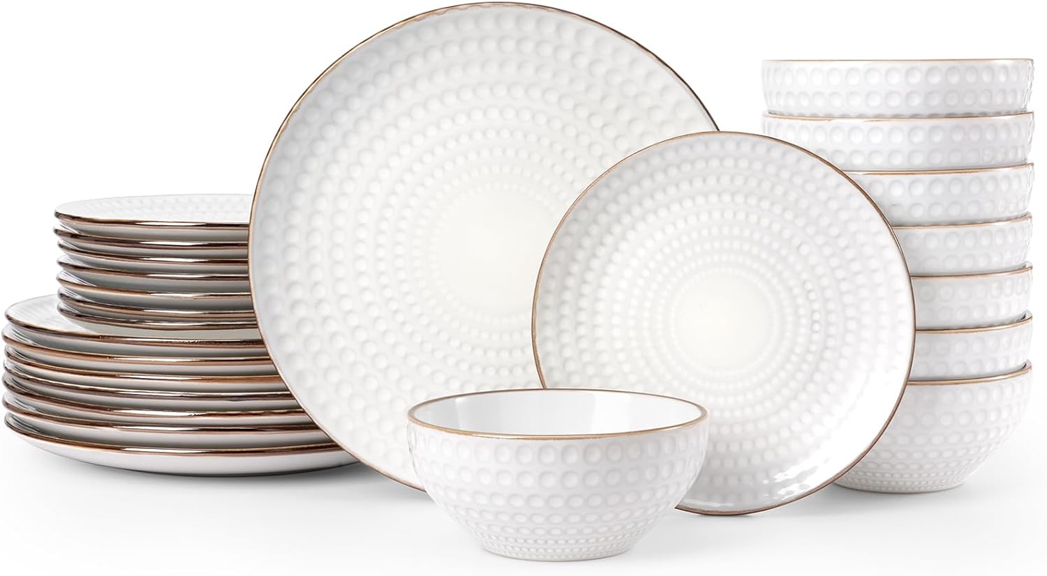 Famiware Eden Plates and Bowls Sets, Stoneware Dinnerware Sets with Gold Trim, 24 Pieces Dishes Set for 8 - Chip and Scratch Resistant, Microwave and Dishwasher Safe, White Circle White Circle 8-Set(24pcs)