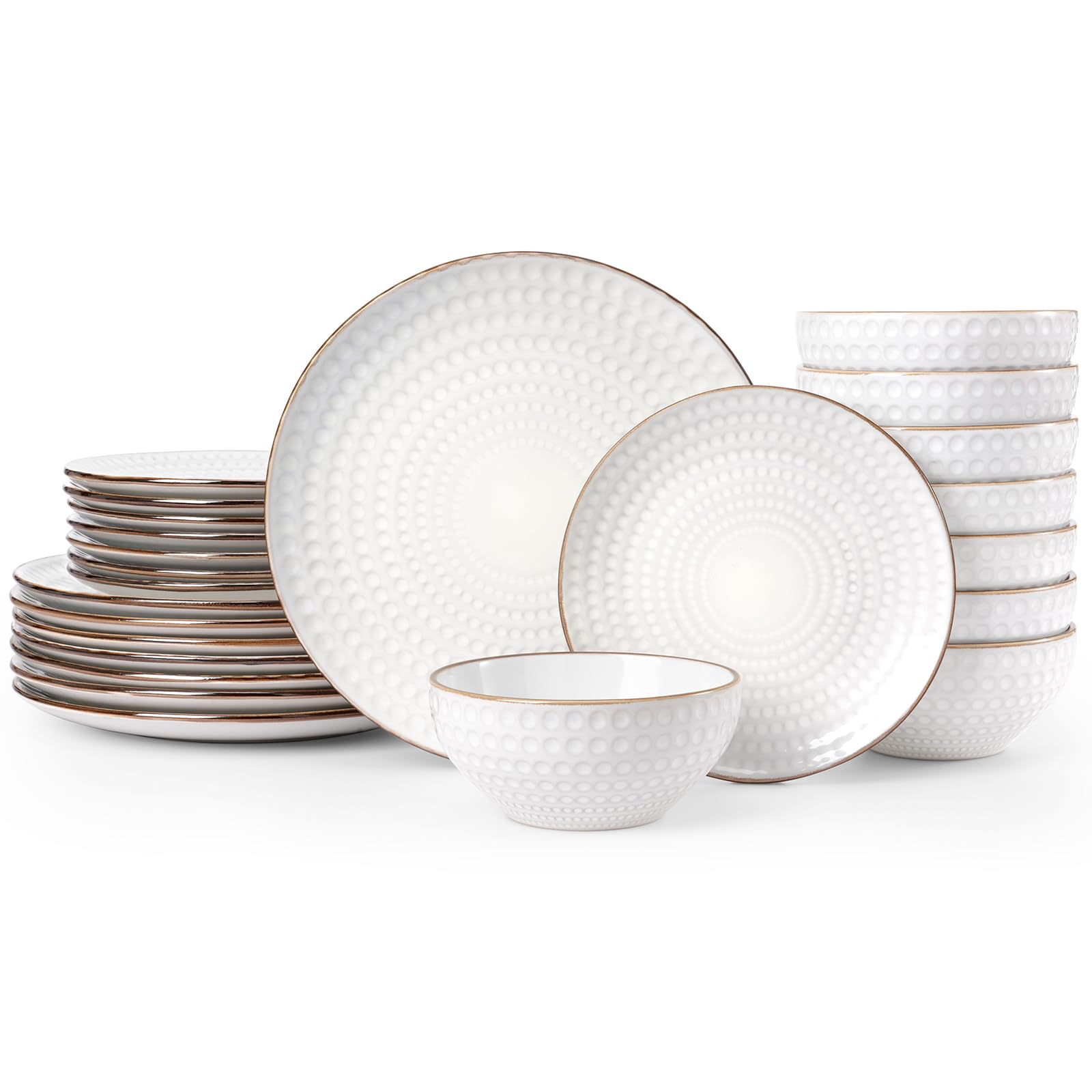 Famiware Eden - Juego de platos y cuencos en relieve, vajilla de cerámica con borde dorado, 24 piezas de lujo para 8, uso diario y formal, resistente a astillas/arañazos, apto para microondas y