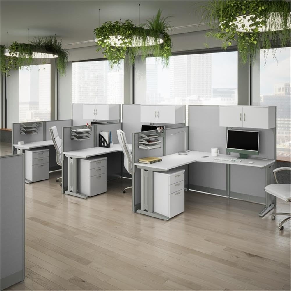 Bush Business Furniture Office in an Hour 3 Person L Shaped Cubicle Desks with Storage, Drawers, and Organizers in Pure White | Triple Workstation Set with Privacy Panels for Commercial Workspace