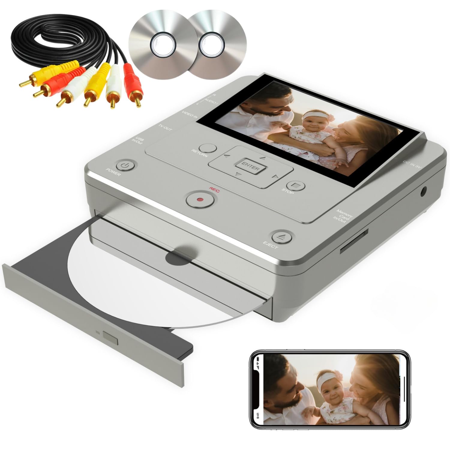 VHS to Digital Converter, DVD Recorder for TV Recording, VCR/Camcorder/RCA to USB Device/SD Card/HDD, Smart Phone WiFi to DVD/USB/SD/HDD Copy, Free APP Media Burner【AV Cable & 10 Pcs DVD-R Included】
