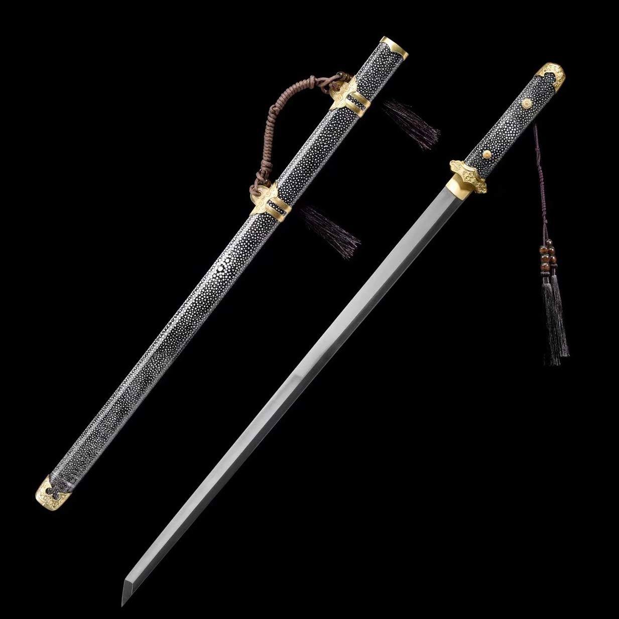 Full Tang Handmade Sword Chinese Fish Leather Tang Straight Sword High Manganese Steel Blade
