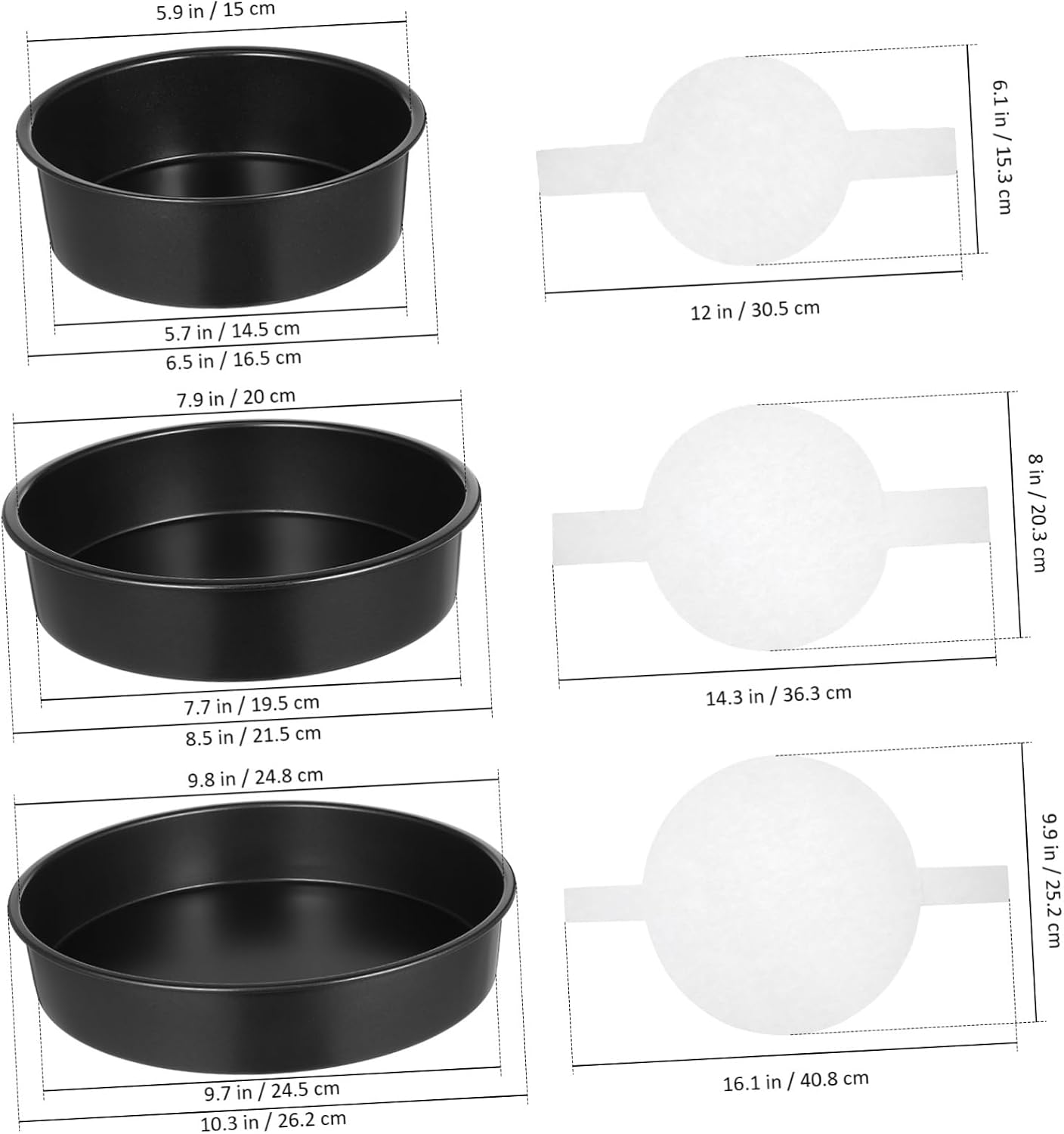 Cabilock Strong Carbon Steel Cake Pans 6 Inch 8 Inch Round Nonstick Baking Molds with 150 Sheets of Parchment Paper
