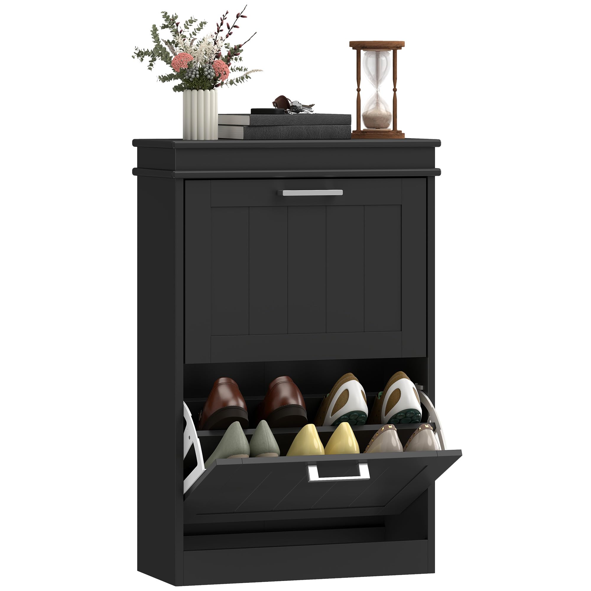 Portland Shoe Storage Cabinet - Slim - 2 Flip Drawers - Black - Size 2