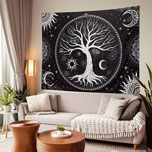 Image of Aesthetic Tree of Life Tapestry Black and White Wall Tapestry Hippie Sun Moon Star Galaxy Space Tapestries Forest Wall Hanging Decor Nature Home Decoration for Bedroom,Living Room,Dorm
