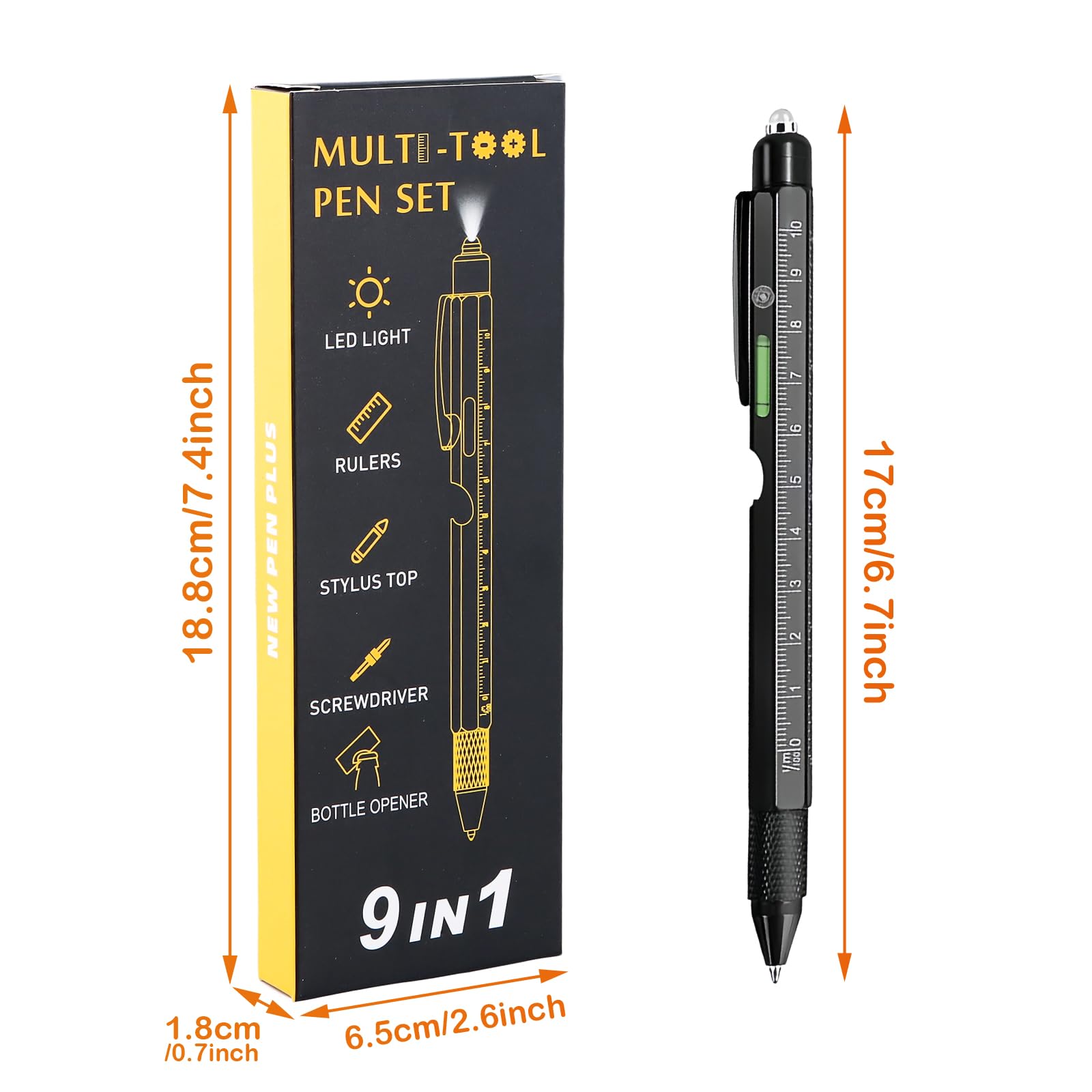 9-in-1 Multifunktions Kugelschreiber Aus Metall - Mit LED, Werkzeugen & Wasserwaage | Perfektes Geschenk Für Männer