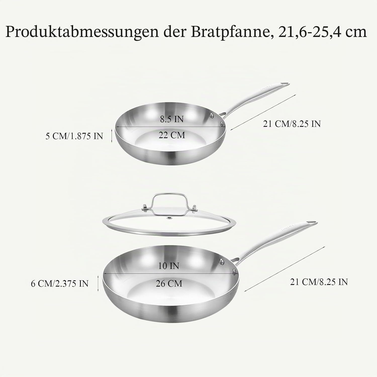 Inqibee Edelstahlpfanne Bratpfannenset Unbeschichtet 22cm+26cm mit Deckel | Pfannenset Edelstahl, Edelstahl-Bratpfannen-Set, Für Induktion & alle Herdarten - Ofenfest, Spülmaschinenfest