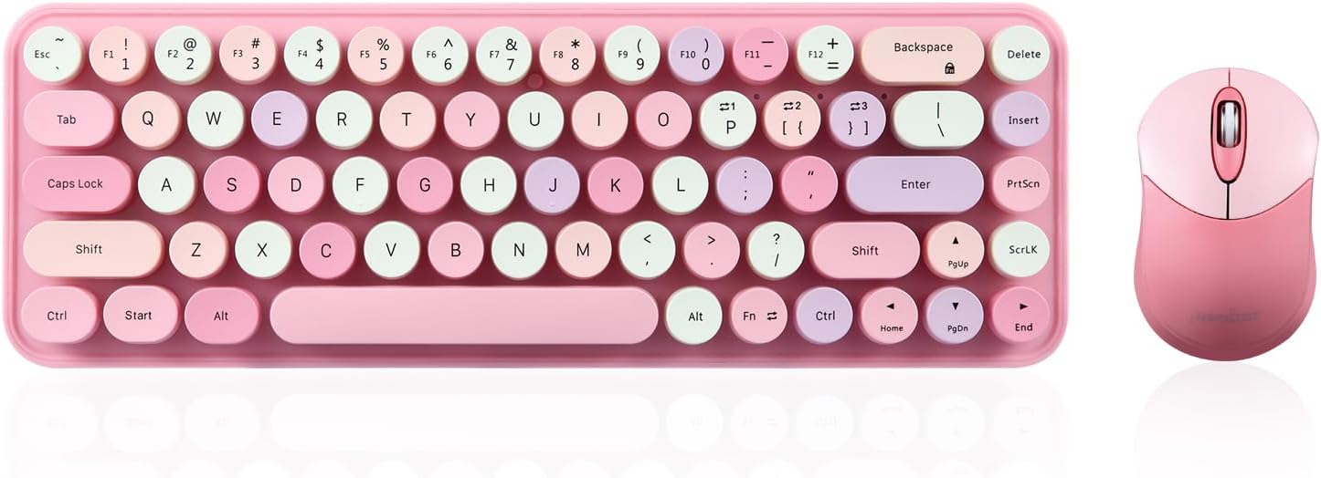 Perixx PERIDUO-802PK Bluetooth Mini Keyboard and Mouse Combo – Retro Round Key Caps – Pastel Pink – US English