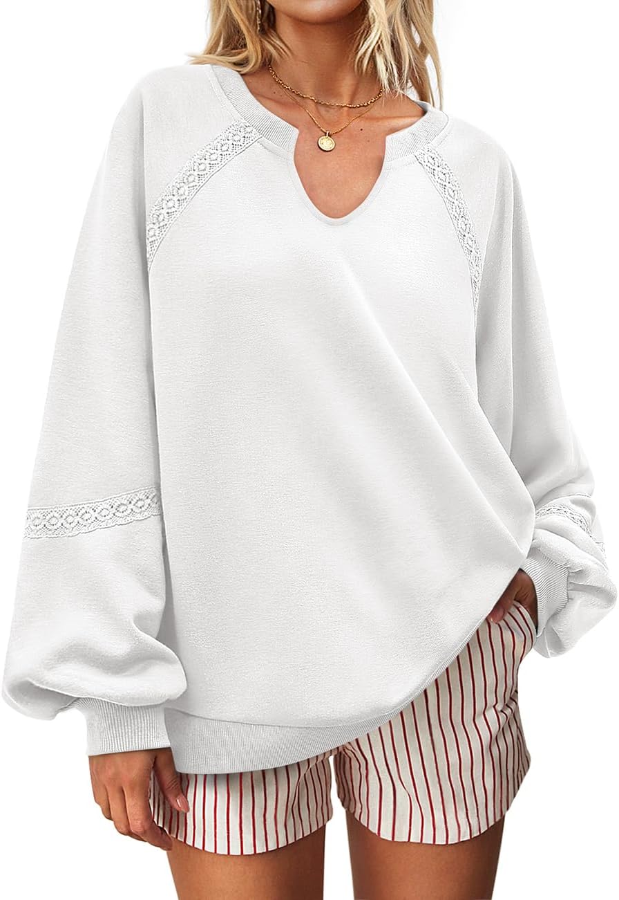 UEU Womens V Neck Crochet Sweatshirt Long Sleeve Oversized Pullover Loose Fit Casual Knit Tops Lightweight Sweater Shirt