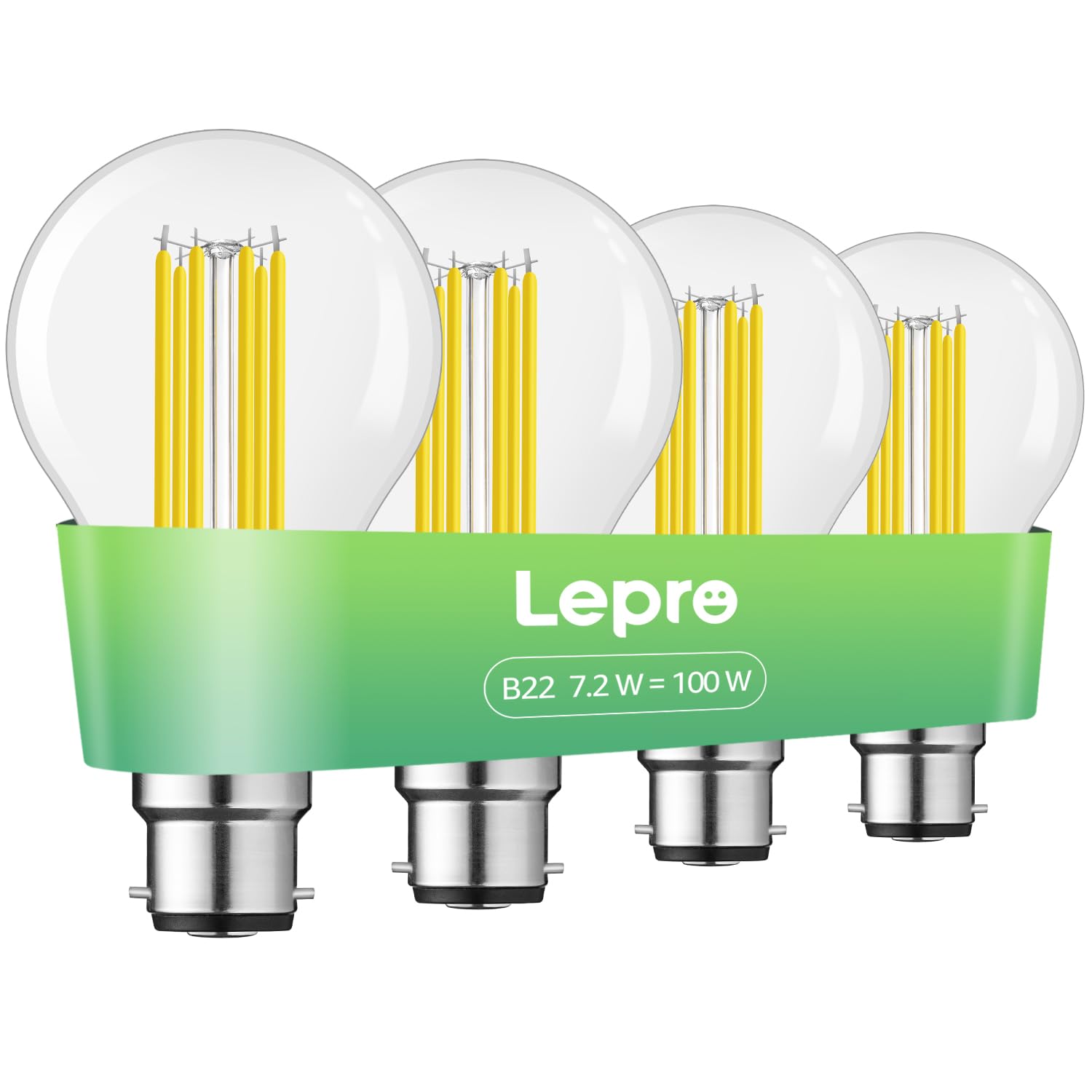 Lepro Warm White B22 Bayonet Light Bulb, A-Rated Ultra-Efficient Led Bulb, 7.2W = 100W, 1521Lm, 2700K 50000H Lifespan, Clear Filament, Vintage Glass, Non-Dimmable, Pack Of 4