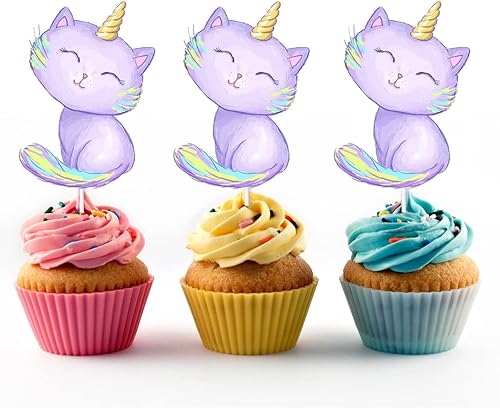 Decoración para cupcakes de unicornio arcoíris (24 unidades) en color morado  Para fiesta de cumpleaños, baby shower, decoraciones divertidas para