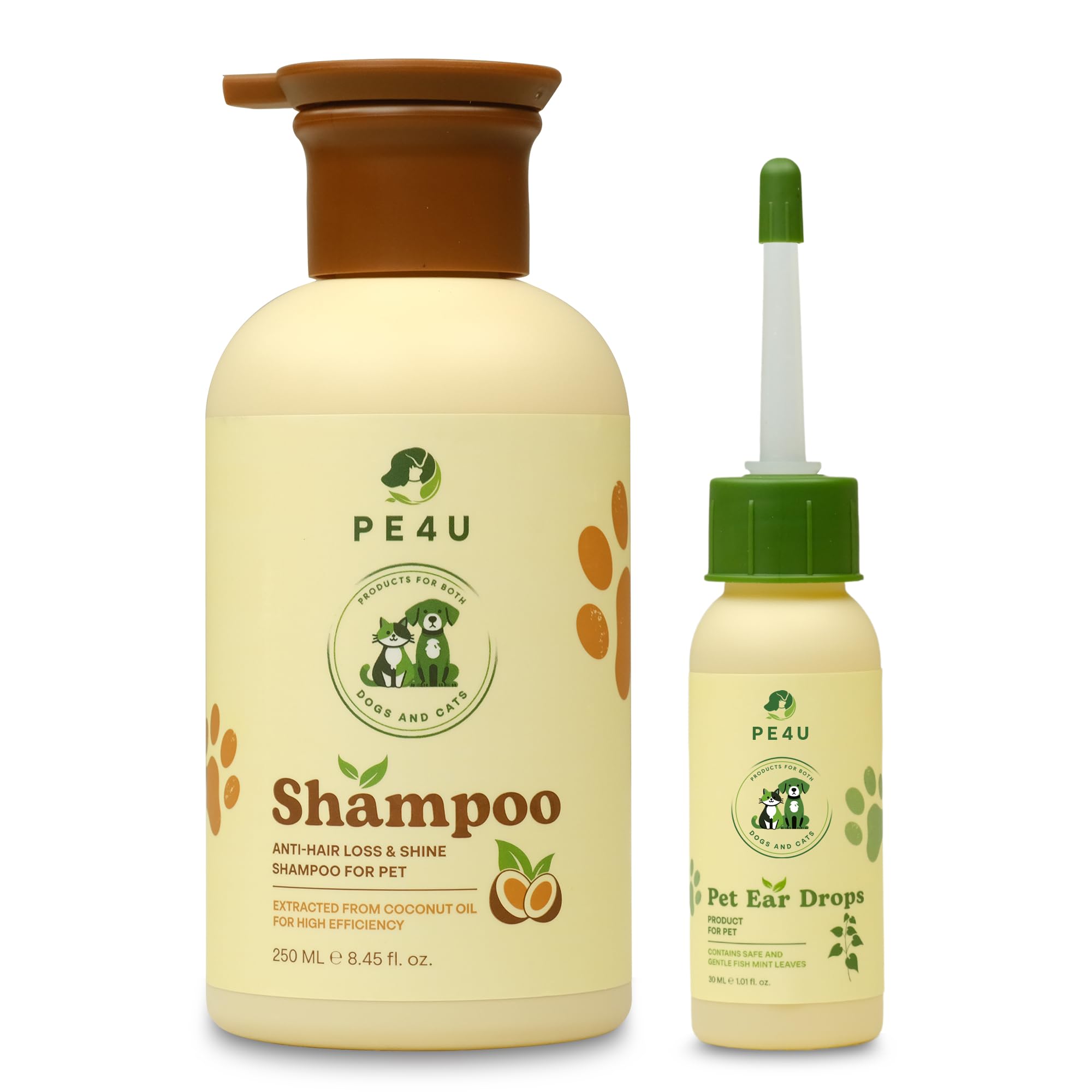 Natural Pet Shampoo for Dogs &amp; Cats – Smooth Coat, Reduce Shedding &amp; Odor Control – Coconut &amp; Olive Oil Formula - Safe for Sensitive Skin, Hypoallergenic, Relieve Dry Skin - [Shampoo + Ear Drop]