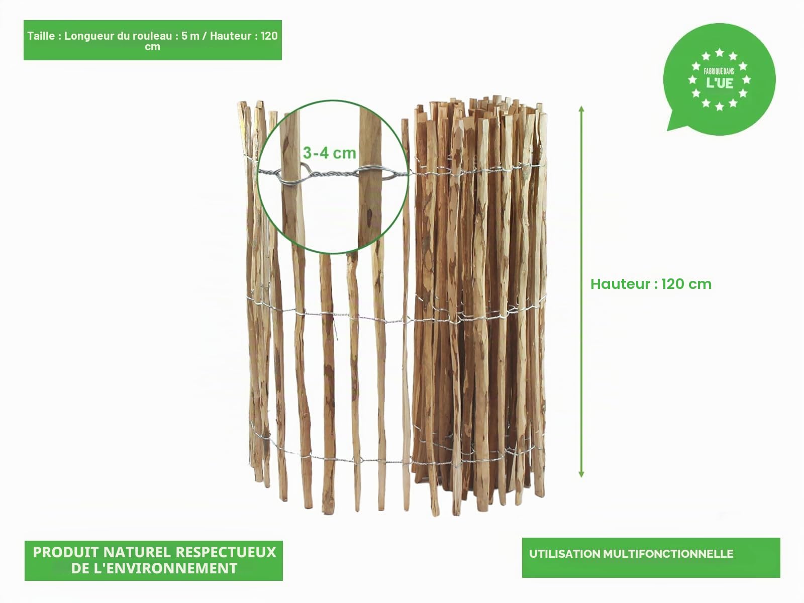 Panneau de jardin en noisetier tressé 120 cm – Barrière naturelle pour plantes grimpantes, saules ou étangs – Fil d’acier, couleur naturelle, longueur 500 cm, baguettes 3-4 cm