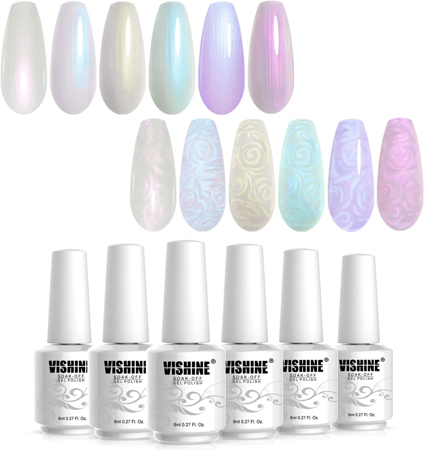 Vishine Pearl Gel Nail Polish Colleaction, Glitter Pearlescent Shell Gel Polish Beige White Pearl Blue Purple Shimmer Mermaid Swirl Thread Effect Nail Gel Soak Off LED UV DIY Manicure 6Pcs