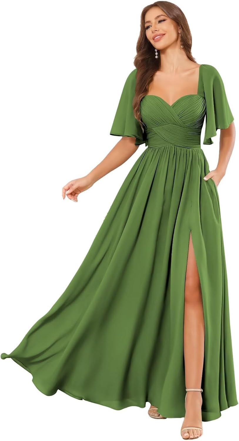 Mollyevers Chiffon Bridesmaid Dresses for Women Flutter Sleeve Long Sweetheart Formal Evening Dress with Pockets