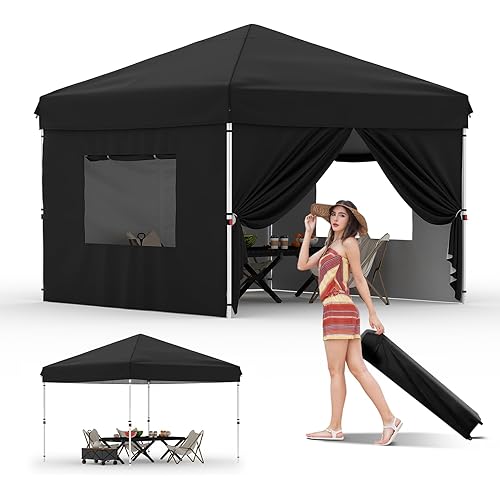 10'x10' Pop Up Canopy Tent with 4Pcs Sidewalls, Portable Instant Commercial Canopy with 4 Stakes, 4 Ropes, 4 Sandbags for Farmers' Market, Patio, Outdoor, Camping, Black