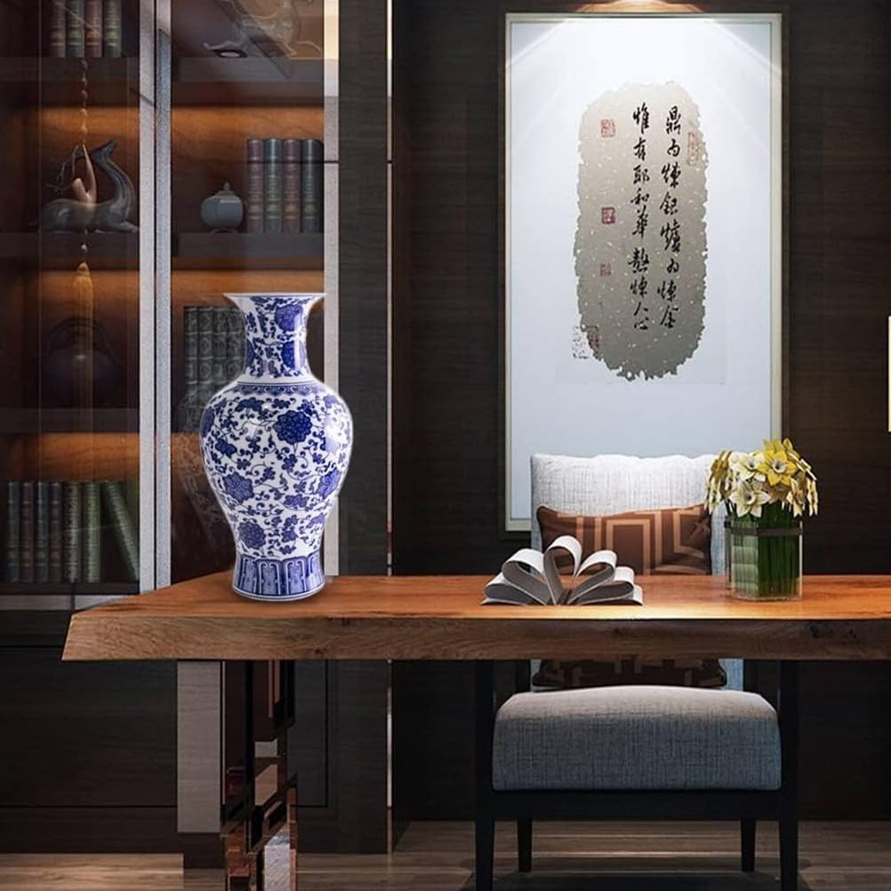 Blue and White Vase, Handmade Chinese Porcelain Flower Vase, Lotus Motif, Chinese Bottle Shape 13.5 Inches (2#)