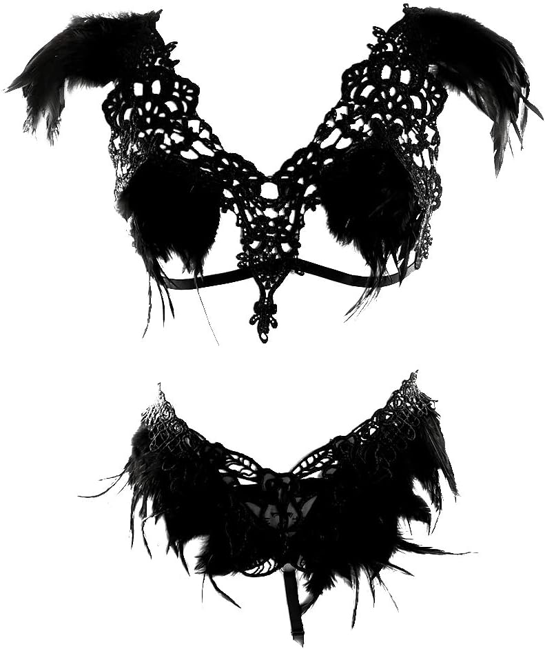 PETMHSWomens Feathers Body Harness Lingerie Full Strappy Cage Garter Belt Set Elastic Hollow Top Bra Punk Gothic Festival Rave Wear