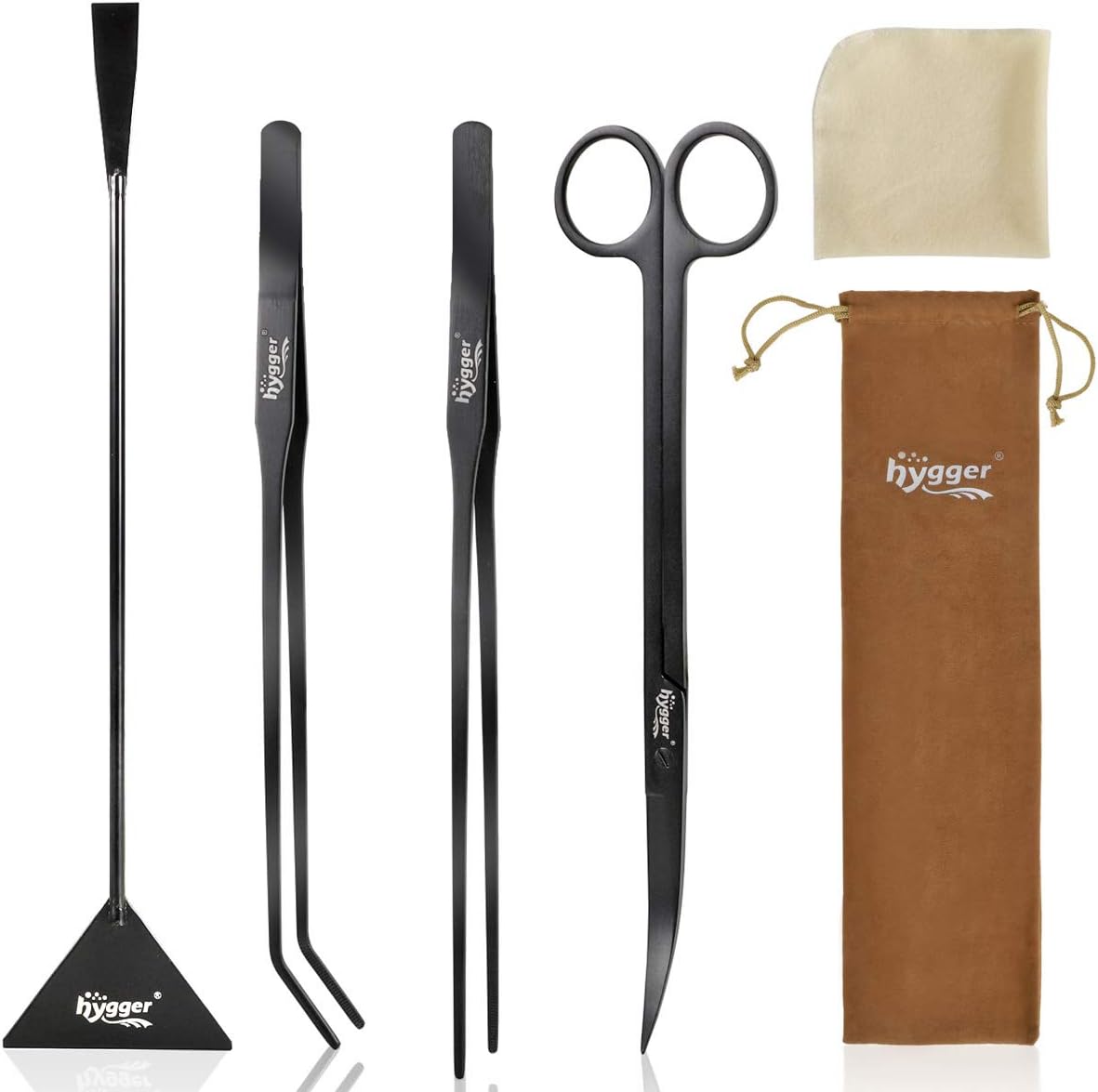 Long Stainless Steel Premium Aquarium Tools, 4 PCS Aquatic Plant Tweezers Scissors Spatula Kits Comes with 1 Cleaning Cloth, for Fish Tank Starters